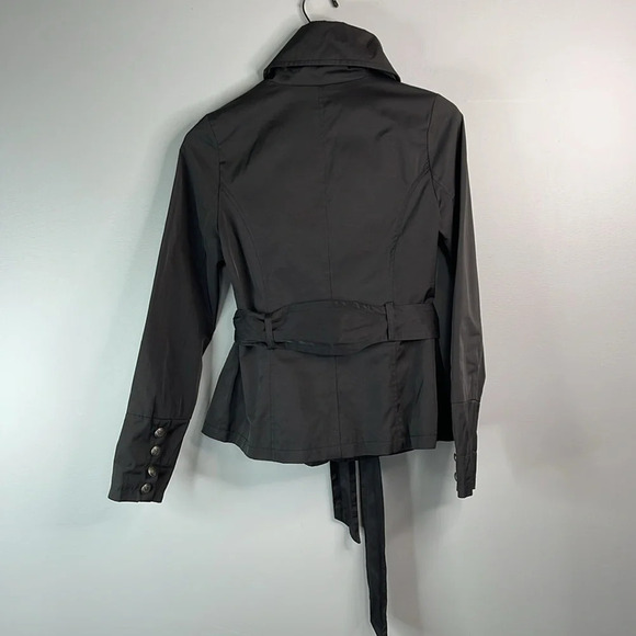 BLACK RIVET Double Breasted Short Trench Coat Jacket Black Sash Tie Belt Size M - Picture 9 of 14